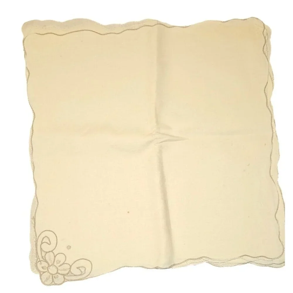 7‎ Vintage Napkins Embroidered Floral Beige Cloth Scalloped Edges 12x12